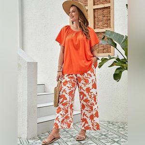 NEW SHEIN EMERY ROSE Plus Solid Top & Floral Print Wide Leg Pants  orange/white